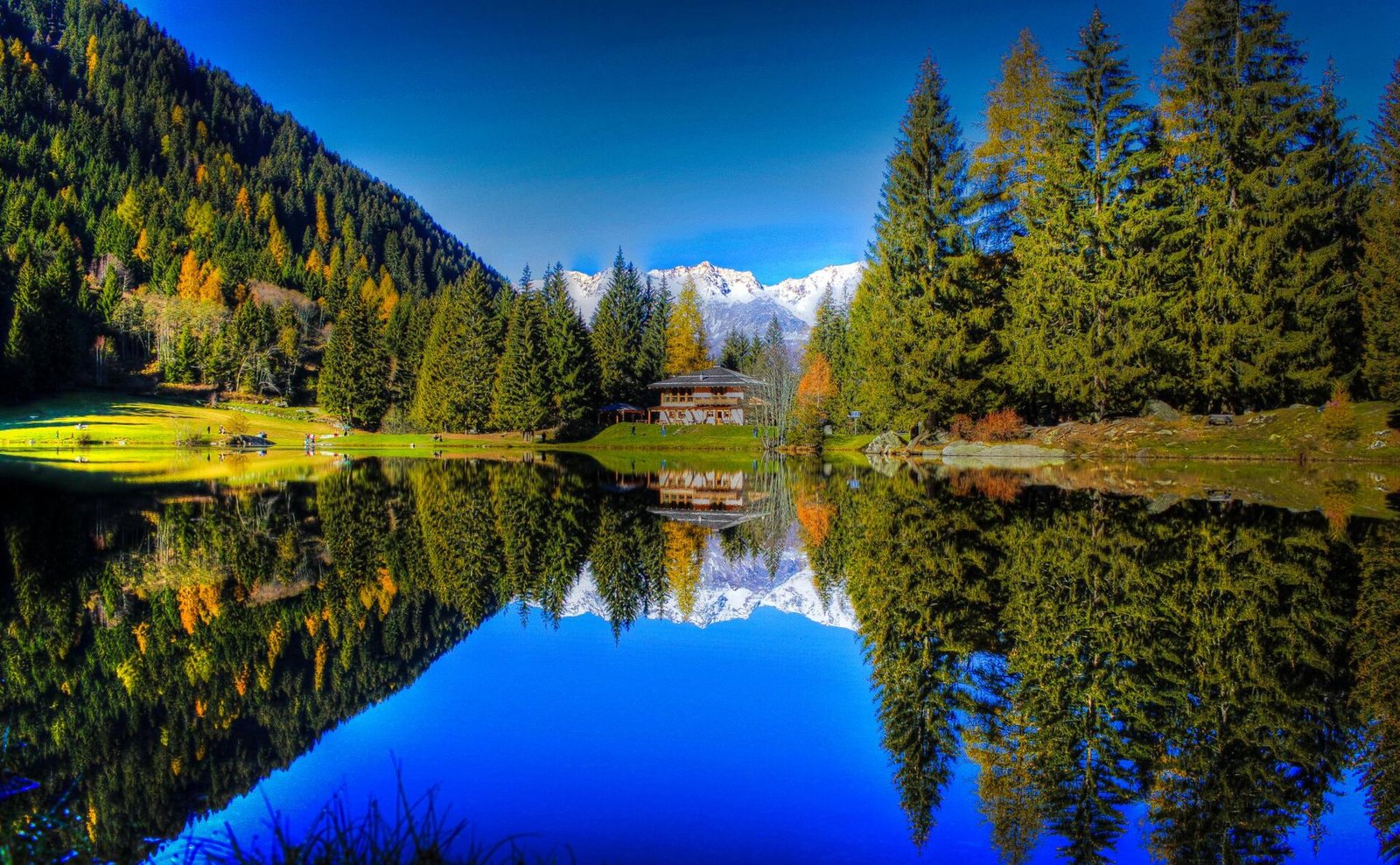 Il Lago dei Caprioli in Val di Sole, con una baita in legno sulla riva e i boschi di conifere che si specchiano nell'acqua
